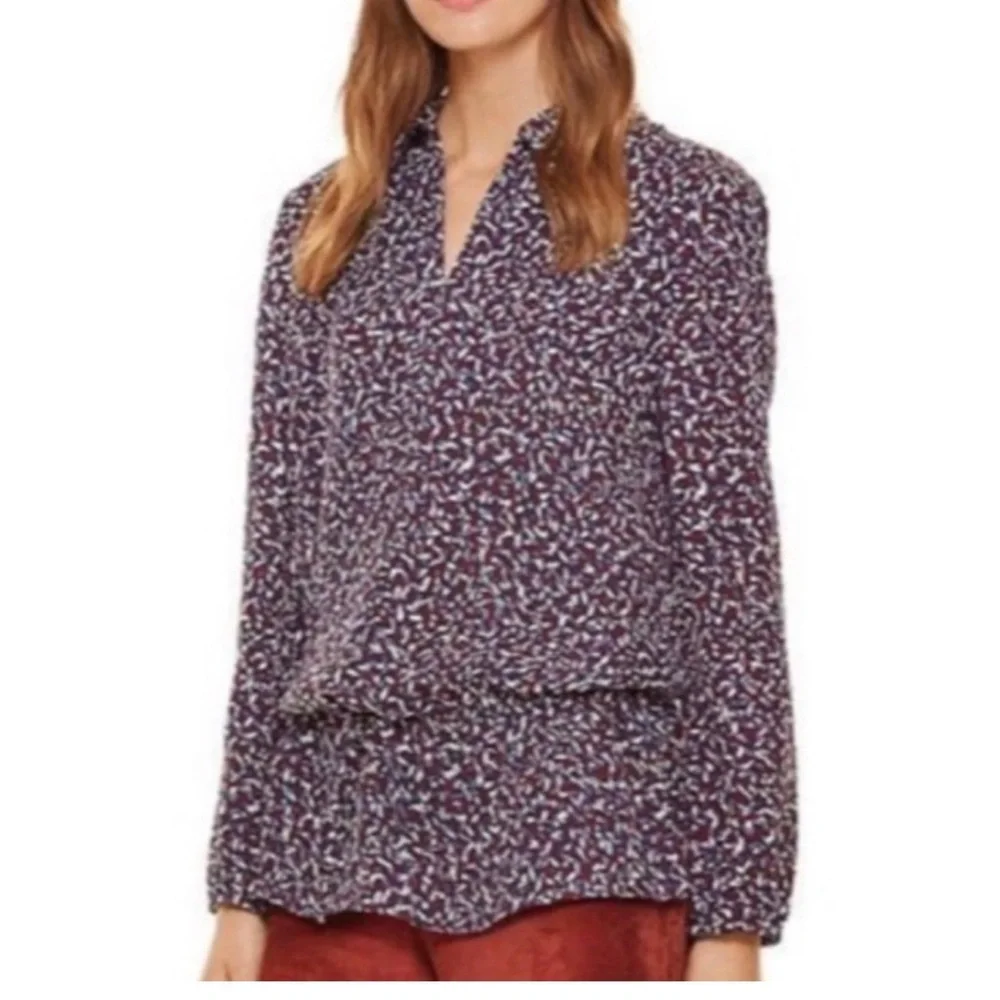 Tory Burch Blue Burgundy White Agate Confetti Tunic Blouse Silk Blend XS Fall